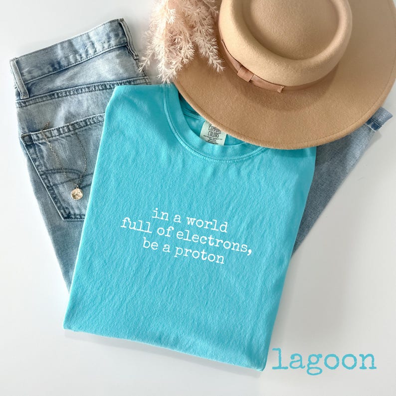 May include: A turquoise t-shirt with the text "in a world full of electrons, be a proton" in white. The shirt is paired with light blue jeans, a tan hat, and a gold necklace. Dried flowers are also in the image.