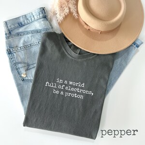 May include: A casual fashion ensemble featuring a gray t-shirt with the text "in a world full of electrons, be a proton", light blue jeans, and a tan fedora hat. A gold necklace is visible on the jeans. The word "pepper" is at the bottom.