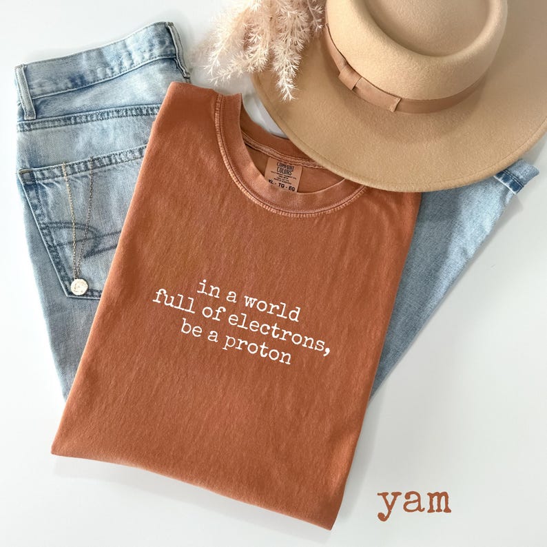 May include: A rust-colored t-shirt with the text "in a world full of electrons, be a proton" in white. The shirt is paired with light blue jeans, a beige hat, and a gold necklace. The word "yam" is at the bottom.