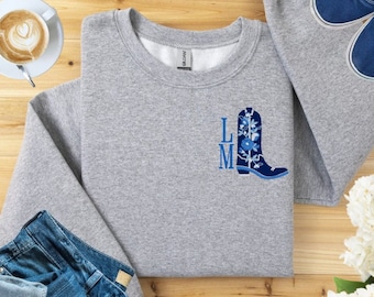 Embroidered Chinoiserie Western Boot Sweatshirt: Monogrammed Cowgirl Style