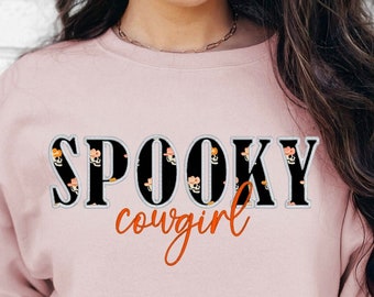 Spooky Cowgirl Appliqué Embroidered Western Embroidered Sweatshirt | Halloween Sweatshirt | Spooky Sweatshirt | Spooky Season | Equestrian