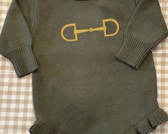 Knit Baby Romper with Snaffle Bit Embroidery | Equestrian Outfit