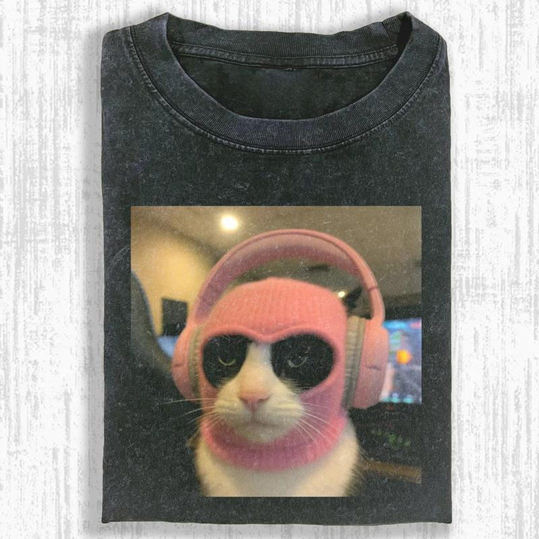 Ironically Pink Vintage Wash Pink Headphones Cat Meme T-shirt, Gamer Cat Tee, Funny ...