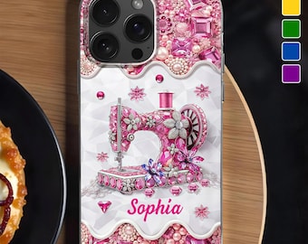 Personalized 2D Flat Sewing Faux Stained Glass Phone Case, Sewing Machine Craft Phone Case, Gift for Sewists & Quilters, aB25Qb2b