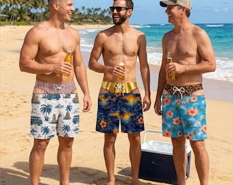 May include: Three pairs of swim shorts featuring a distinctive design that mimics the appearance of a torso and waistline. The first pair has a white base with blue palm trees and vans, the second a sunset tropical print, and the third a blue floral pattern.