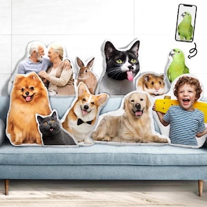 May include: A collection of plush pillows shaped like various pets, people, and a child, arranged on a blue sofa. The pets include a Pomeranian, a black cat, a Corgi with a bow tie, a Golden Retriever, a hamster, a rabbit, and a cat with its tongue out.