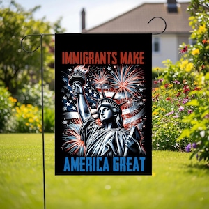 Immigranten maken America Great Garden-vlag, antiracistische banner, pro-immigratievlag, bord liberale tuin