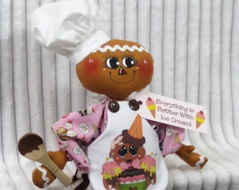 DARLING "GiNgEr GeOrGiE!"~ "EvErYtHiNg Is BeTTeR WiTh IcE CrEaM"! ~ Primitive 15" Gingerbread Boy w/apron ~ spoon ornie ~ WrEaTh AttAcHmEnT