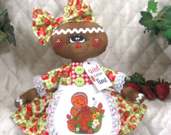 LiTTLe GiNgEr!~ 2024 "SUMMER FUN" Strawberry CoLLeCtiOn! ~ Primitive 15" Gingerbread Doll! ~ Shoes! ~ APRON ~ WrEaTh AttAcHmEnT