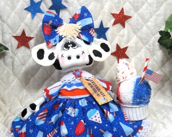 Primitive Summer/4th of July ~ "Miss MAIZEY" ~ Patriotic ~ Americana ~ 17" USA COW DoLL ~ ShOeS! ~ w/snow cone ornie!