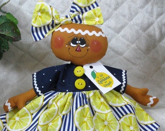 Primitive Gingerbread 15" ~ "LoViN' LeMoNs Ginger"~ Everyday Girl DoLL~ ornie ~ wreath attachment ~ SWEET!