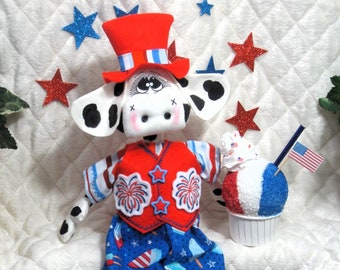 Americana CuTiE!! 18" Patriotic ~ "Clarence Cow" ~ USA Boy Doll ~ Farm doll ~ Sneaker Shoes ~ Snow Cone Ornie!