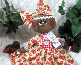 LiTTLe GiNgEr!~ 2024 "SUMMER FUN" Strawberry CoLLeCtiOn! ~ Primitive 15" Gingerbread Doll! ~ Shoes! ~ WrEaTh AttAcHmEnT