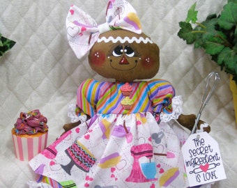 Primitive Raggedy 17" GiNgErBrEaD DoLL ~ Mother's Day ~"The Secret Ingredient is Love"~  DoLL ~ cupcake ornie ~ wreath ~ attachment