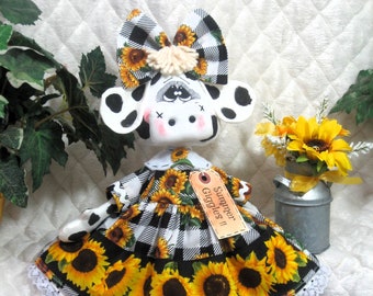 Primitive Summer/Everyday ~ "Miss MAIZEY" ~ SuNfLoWeR SuMMeR ~ 17" SwEEt COW DoLL ~ SaDDLe ShOeS! ~ w/milk can ornie!