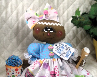 Primitive Raggedy 17" GiNgErBrEaD DoLL ~ Mother's Day ~"Life is Short, Lick the Spoon!"~  DoLL ~ cupcake ornie ~ wreath ~ attachment