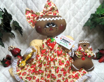 Primitive 18" GiNgErBrEaD DoLL ~ "SwEEtEsT BeRRy iN tHe PaTcH"~  DoLL ~ necklace ~ baby ornie ~Chocolate Strawberry~  wreath attachment