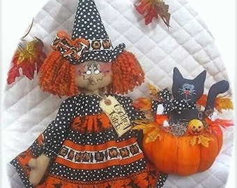 Modèle numérique primitif #143 ~ « Agatha et son chat » ~ modèle électronique imprimable, poupée sorcière d’Halloween de 23 pouces avec chat !