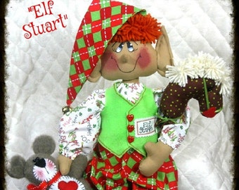MAILED Primitive Raggedy Christmas 22" "ELF STUART"~Pattern #70~ w/toy ornies