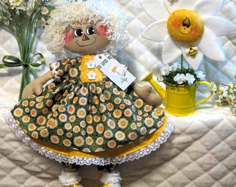 Primitief e-patroon "HE LOVES ME!" ~ Daisy Raggedy Annie met gieter ornie ~ Digitaal patroon #522