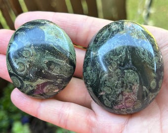 May include: Two polished, oval-shaped stones with a dark green and black pattern, held in a hand. The stones have a swirling, organic design with hints of purple. The background is blurred, suggesting an outdoor setting.