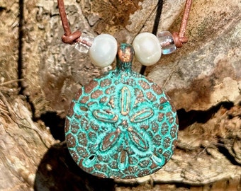 Turquoise Greek Pewter Sand Dollar Leather Necklace