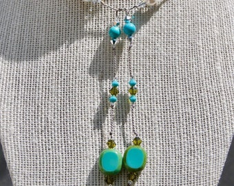 Turquoise And Premier Austrian Crystal Silk Lariat Necklace