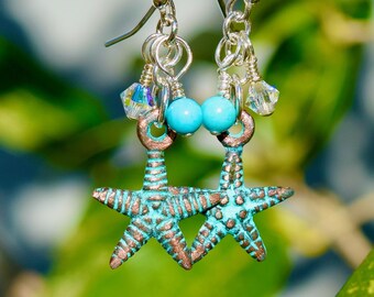 Sterling Silver Greek Patina Turquoise Starfish Earrings