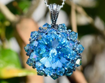 Sterling Silver Aquamarine Premier Austrian Crystal  Rivoli Necklace