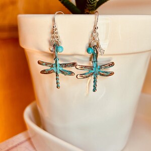 Sterling Silver Greek Turquoise Pewter Dragonfly Earrings image 3