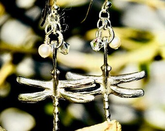 Sterling Silver Greek Pewter Dragonfly Earrings