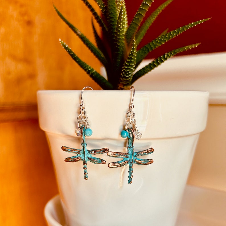 Sterling Silver Greek Turquoise Pewter Dragonfly Earrings image 2
