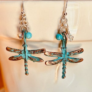 Sterling Silver Greek Turquoise Pewter Dragonfly Earrings image 1