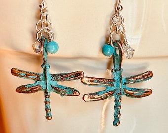 Sterling Silver Greek Turquoise Pewter Dragonfly Earrings