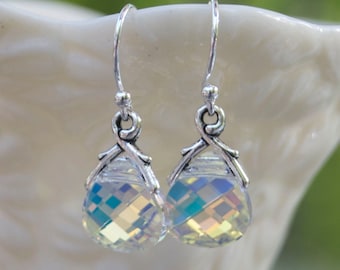 Sterling Silver Clear Aurora Borealis Premier Austrian Crystal Earrings