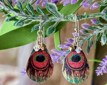 Sterling Silver Golden Peacock Dangle Earrings