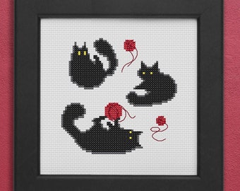 Black Cat with Ball Cross Stitch Pattern (PDF Pattern)