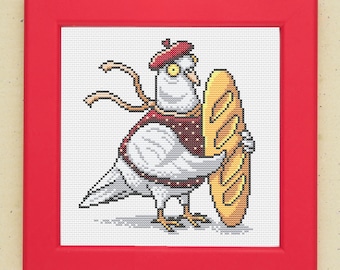 Divertente schema punto croce con piccione, download digitale, colore e bianco e nero, file pdf + pdf per Pattern Keeper