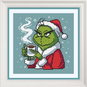 Funny Christmas Cross Stitch Pattern with Grinch, digital download, color and black & white, pdf file + pdf for Pattern Keeper