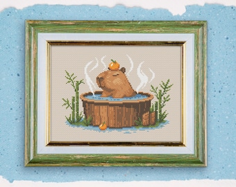 Capybara Hot Bath Cross Stitch Pattern: Relaxing Spa Day (PDF)