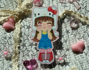 Autocollant en vinyle fille chat kawaii | Art mignon de cosplay de Chibi | Esthétique anime pastel | Cadeau kawaii rose pâle