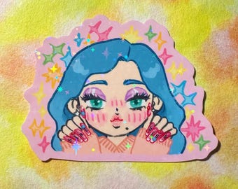 Tuez Meme Sticker | Fille aux ongles longs | Vinyle holographique