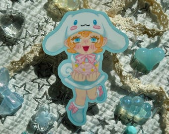 Sticker fille chiot Kawaii pastel | Esthétique mignonne de nuage de Chibi | Art en vinyle bleu doux | Sticker anime doux et confortable