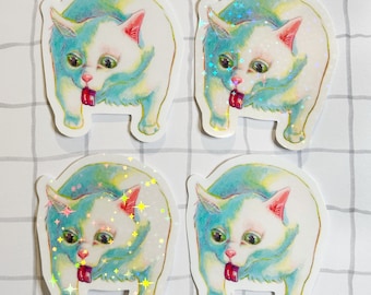 Sticker en vinyle Meme 2 chat vomissant | autocollant holographique | autocollant brillant | drôle | mème chat | chat qui vomit