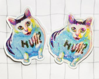 Huh Meme Cat ステッカー | ハンドメイド光沢ホログラフィックビニール