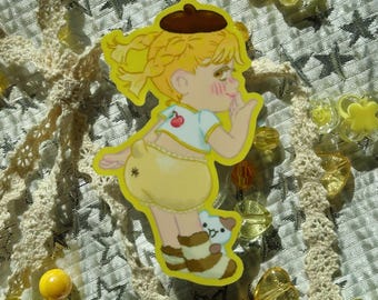 Sticker fille pastel Kawaii nattes | Esthétique mignonne de dessert de Chibi | Art en vinyle jaune doux | Sticker anime doux et confortable