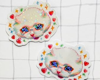 Sticker meme chat qui pleure | Holographique ou brillant, fait main
