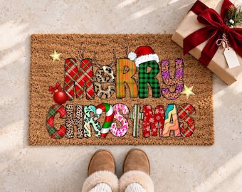 Felpudo con gráfico retro de Papá Noel de Feliz Navidad, alfombra de decoración navideña para exteriores de Año Nuevo,