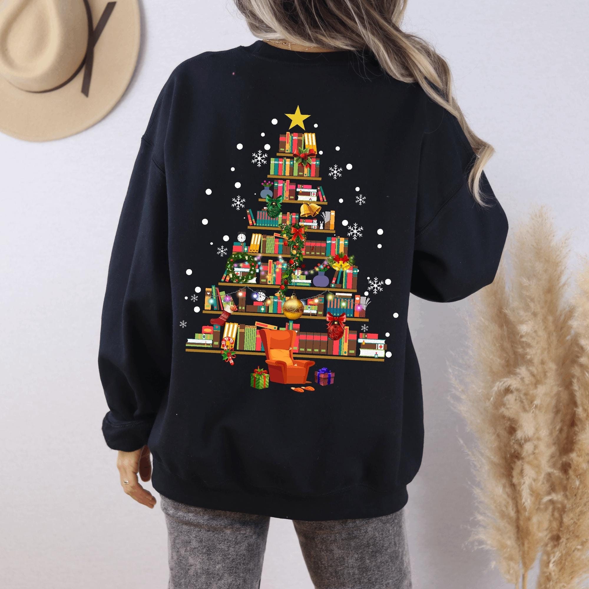 Christmas Book Tree Back Sweatshirt, Christmas Gift ,Book Lovers Gift, Bookworm Christmas Sweat, Gift For Teachers, School Christmas Sweater