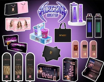 May include: A collection of 3D packaging designs featuring various boxes, bags, and containers with branding such as Alrezan Created, Kigai, Demure, Lush, and Veda. The display includes hair product packaging, gift boxes, and retail bags in purple tones.
